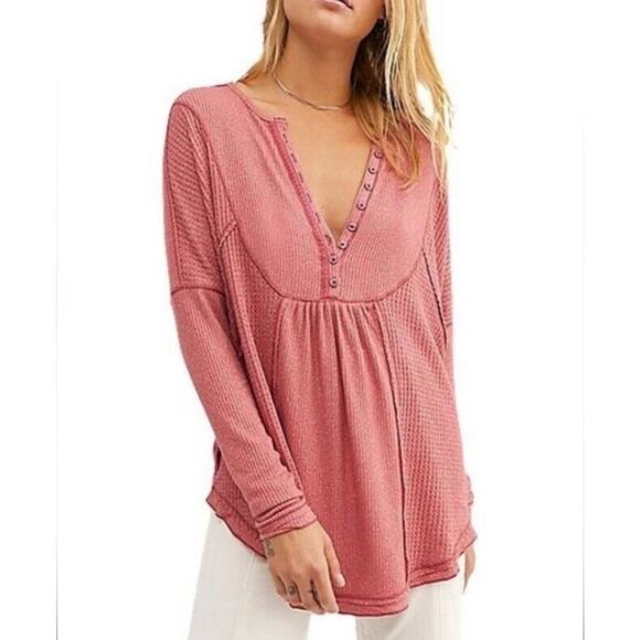 Free People Leo Henley Waffle Knit Tee Size Medium - Picture 1 of 5
